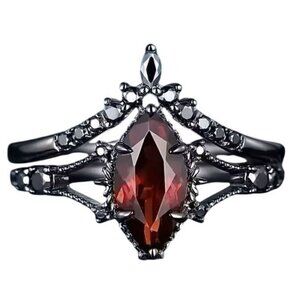 2 piece Marquise Cut Ruby and Moissanite Engagement Wedding Ring Set in Rhodium